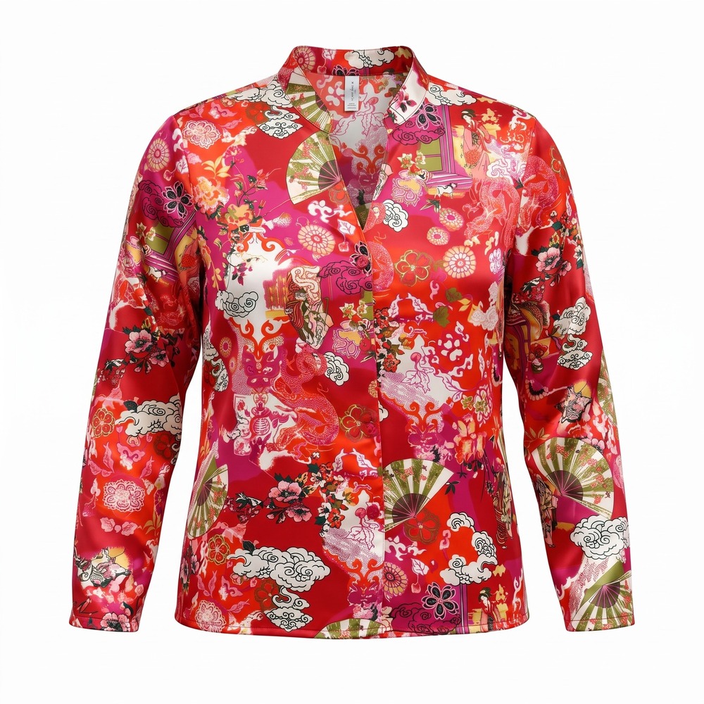 Cruz Womens XL Red Asian Dragon Floral Print V-Neck Long Sleeve Blouse Top